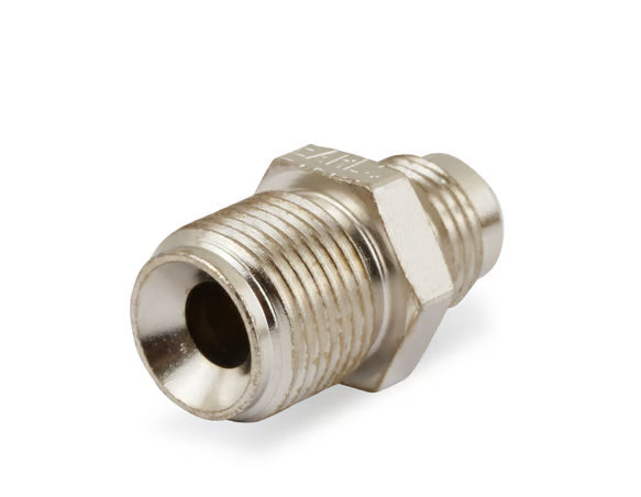 Earl's 11/16"-18 Inverted Flare Male w/ Long Thread to AN -6 Male Adapter Fitting - Nickel Plated Steel Front View Silver