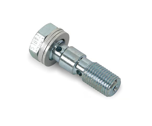 Banjo Bolt For .425 in. Banjo Height Thread Size 3/8"-24 Double For 2 Banjos Hole Dia. .375 in. w/Crush Washers Front View Silver