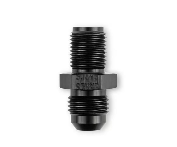 Earl's 1/2"-20 Inverted Flare Male w/ Long Thread to AN -6 Male Adapter Fitting - Black Anodized Aluminum Front View Black