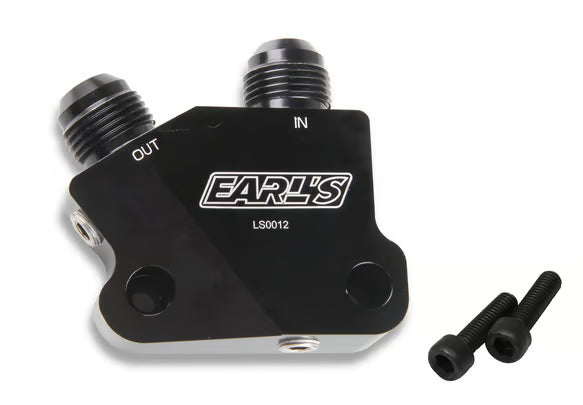 Earls LS Side Mount Oil Cooler Adapter, 10 AN Male, (2) 1/8" NPT Ports Front View Black