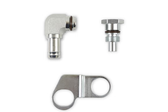 Earl's Remote Reservoir Adapter Kit for Saginaw Type II Power Steering Pumps Front View Silver