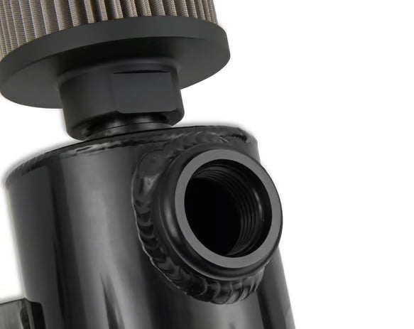 Earl's Black w/ Billet Filter, Drain Valve, -12 AN O-Ring Port (Inlet) & Mounting Brackets. 1/8" NPT on Drain Valve for Optional Remote Outlet Hose Front View Black