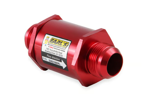 Earl's Fuel Filter w/ Screen Type Element - 85 Micron - 16 AN Male Inlet & Outlet Front View Red