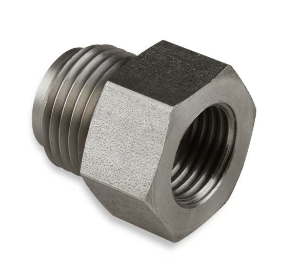 Earl's Hardline Adapter Reducer - Stainless Steel - 5/8"-18 Inverted Flare Male to 1/2"-20 Inverted Flare Female for 5/16" Tubing. Front View Silver