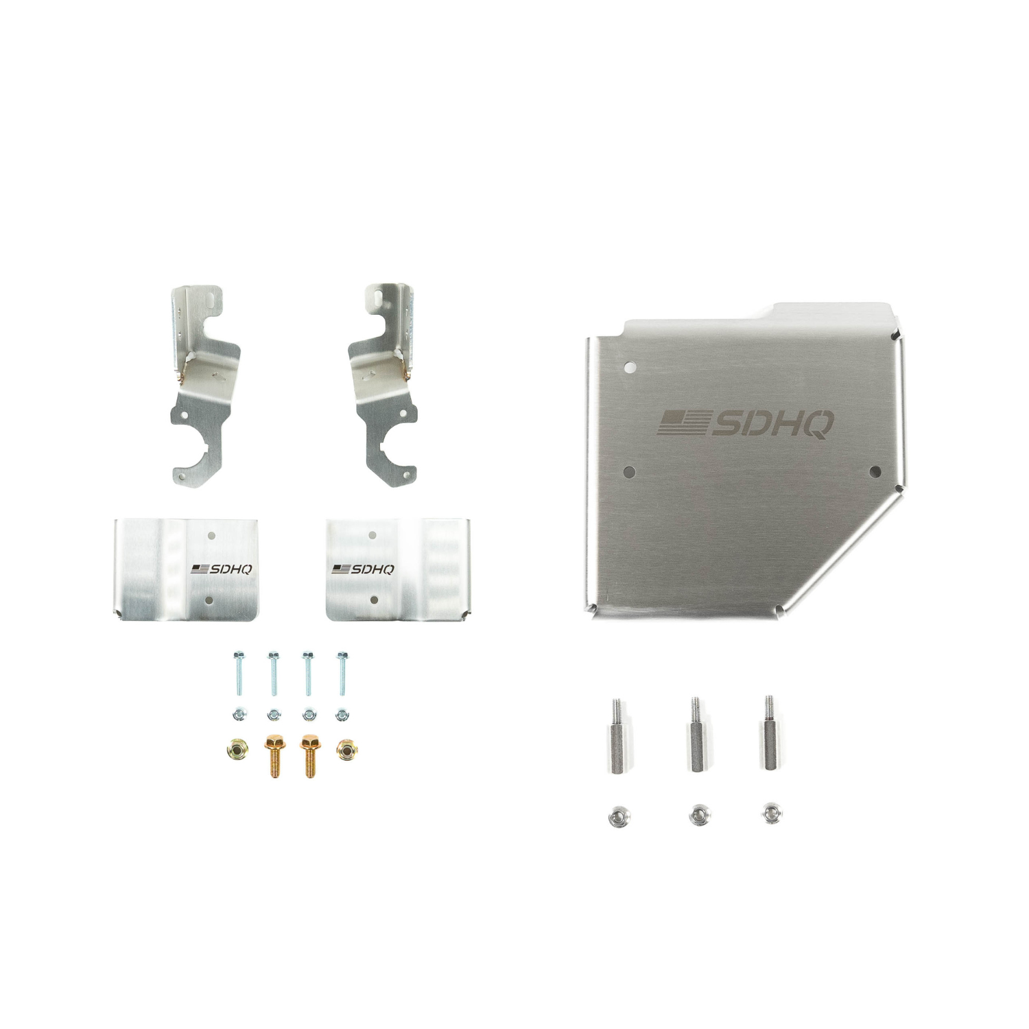 2022+ Ford Bronco Raptor SDHQ Built Suspension Sensor Protection Kit display of included parts and hardware 