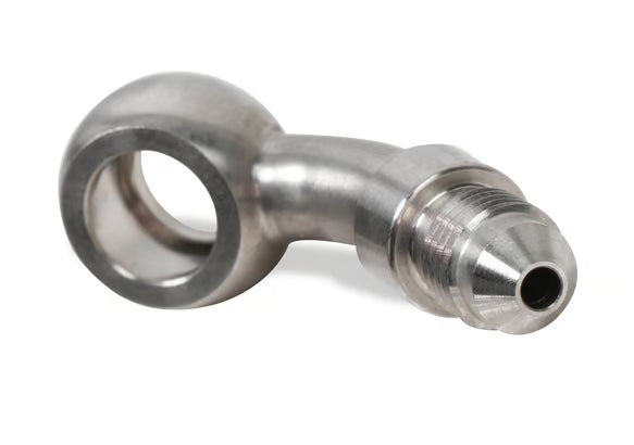 Earl's Banjo Adapter - Long Style 3 AN Male to 3/8" or 10mm - 45 Degree - Long Style - Stainless Steel Front View Silver