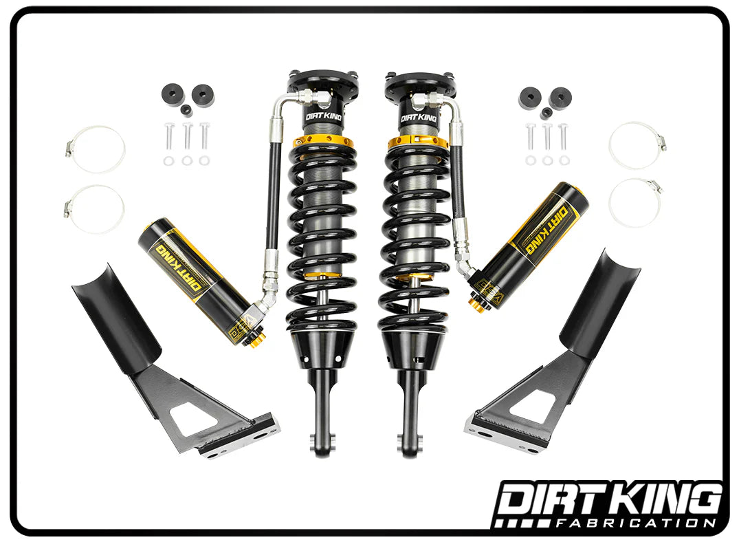 Dirt King 2.5 Coilover Kit w/ DCA Remote Reservoirs Display of Included Parts 