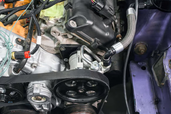 Earl's Remote Reservoir Adapter Kit for Saginaw Type II Power Steering Pumps Front View Silver