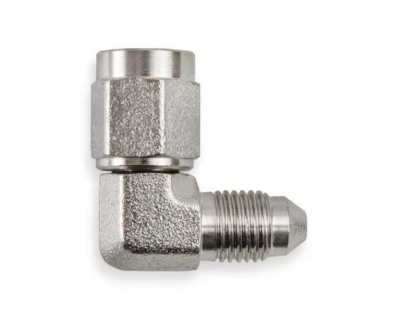 Earl's 90 Degree -3 AN Male to -3 AN Female Swivel Front View Silver