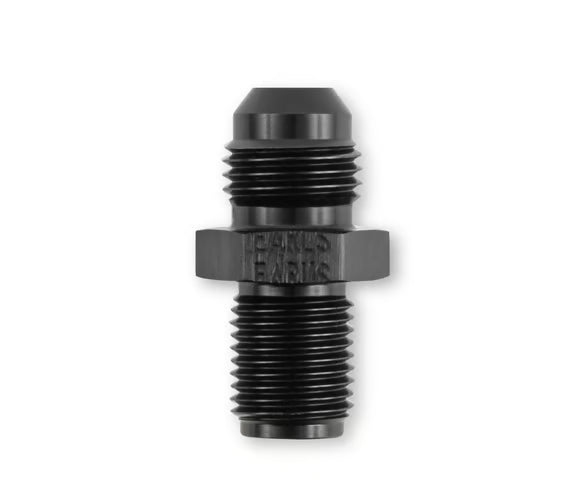Earl's 1/2"-20 Inverted Flare Male w/ Long Thread to AN -6 Male Adapter Fitting - Black Anodized Aluminum Front View Black