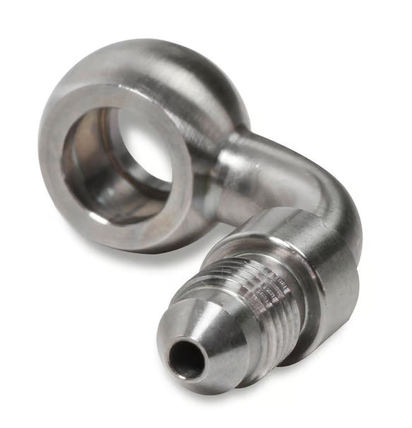 Earl's Banjo Adapter - Long Style 3 AN Male to 3/8" or 10mm - 90 Degree - Long Style - Stainless Steel Front View Silver