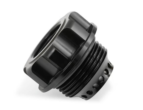 Oil Fill Cap w/ Baffle & -10 ORB Port - Fits Holley Cast Aluminum Valve Covers for the GM LS Series Engines w/ 1-5/16"-12 Threads on the Cap. Front View Black