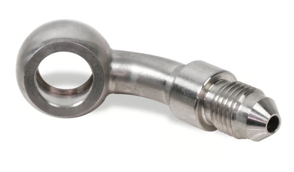 Earl's Banjo Adapter - Long Style 3 AN Male to 3/8" or 10mm - 45 Degree - Long Style - Stainless Steel Front View Silver