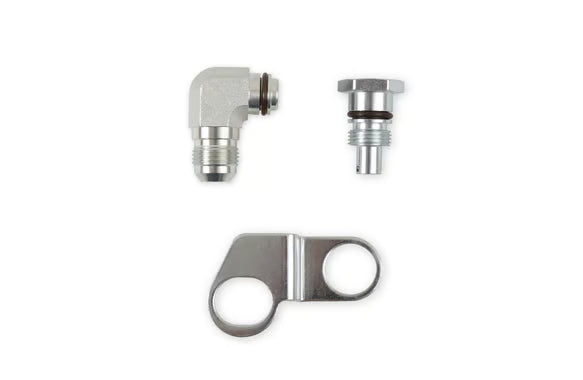 Earl's Remote Reservoir Adapter Kit for Saginaw Type II Power Steering Pumps Includes -10 AN Reservoir Fitting, Flow Valve, and Retaining Bracket Front View Silver