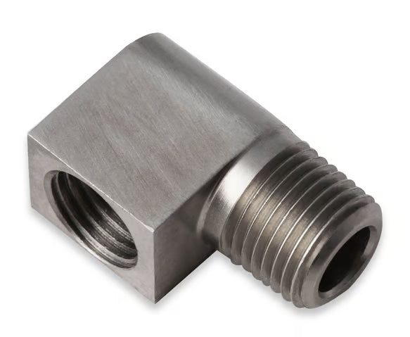 Earl's Hardline Adapter - 90 Degree Stainless Steel - 1/8" NPT Male to 3/8"-24 Inverted Flare Female. Front View Silver