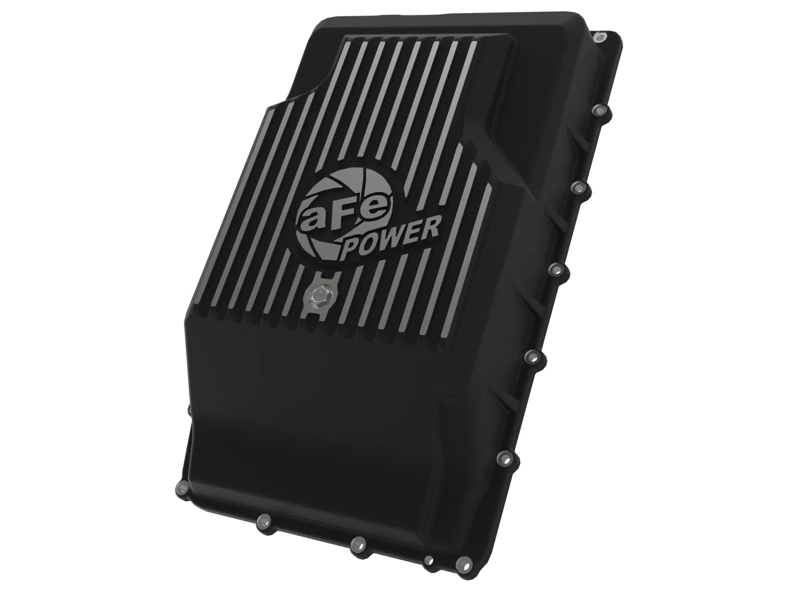 aFe POWER Pro Series Transmission Pan Black w/ Machined Fins Ford Trucks/SUVs 17-25 (10R60/10R80) Front View Black