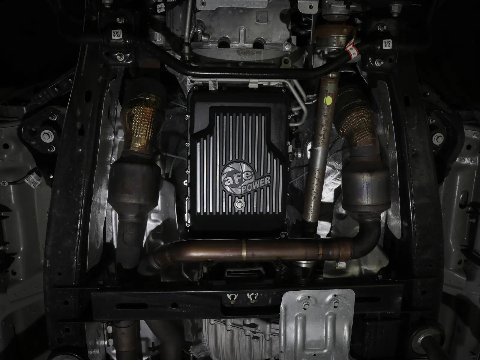 aFe POWER Pro Series Transmission Pan Black w/ Machined Fins Ford Trucks/SUVs 17-25 (10R60/10R80) Front View Black