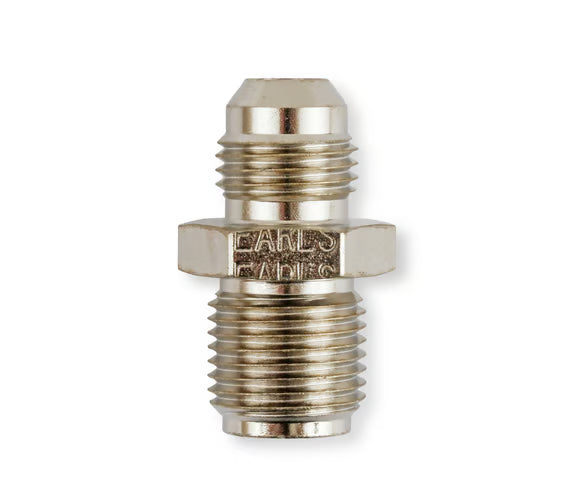 Earl's 11/16"-18 Inverted Flare Male w/ Long Thread to AN -6 Male Adapter Fitting - Nickel Plated Steel Front View Silver