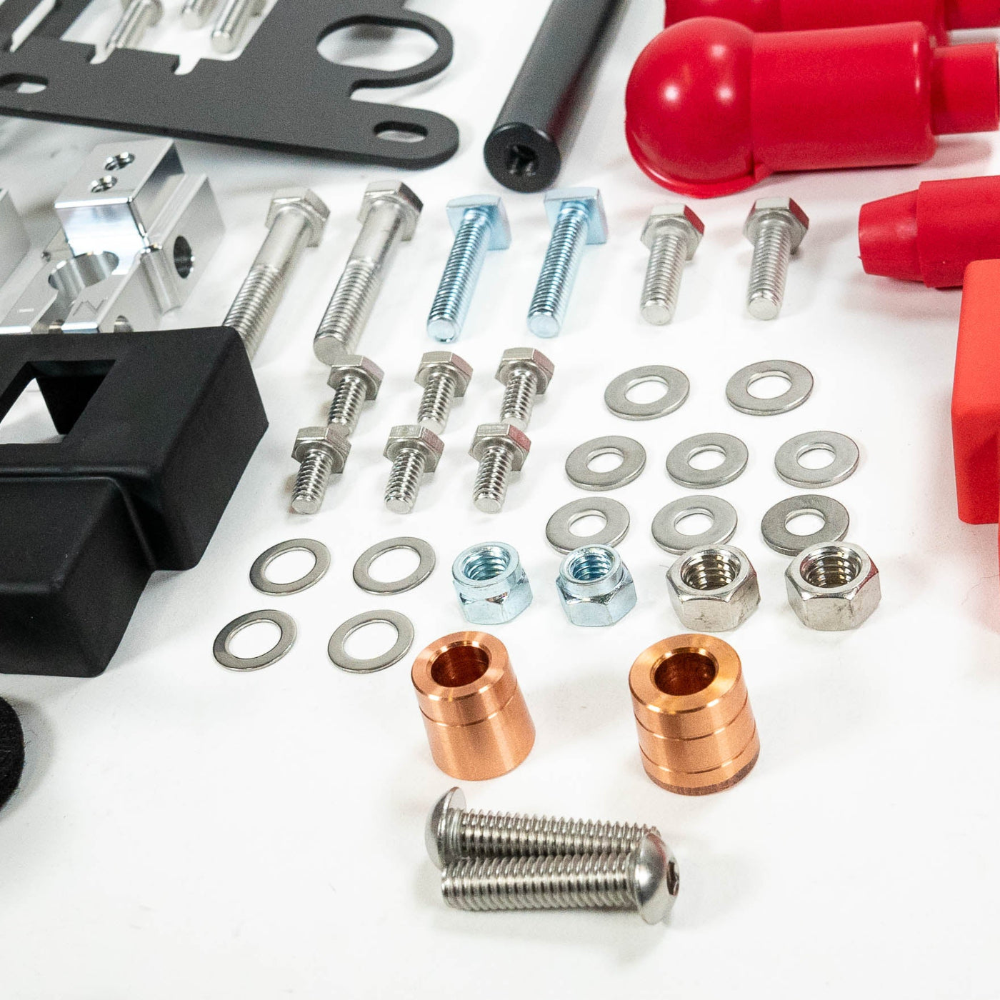 '25+ 4Runner SDHQ Built Under Hood Power Solution Kit display of included parts and hardware - close-up