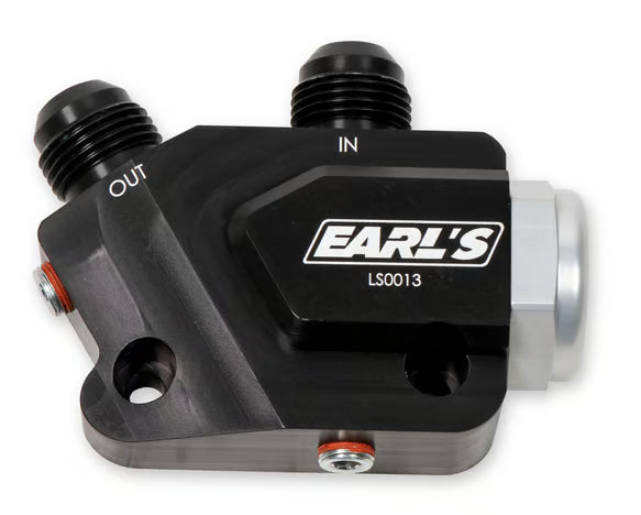 Earls LS Side Mount Oil Cooler Adapter w/ 212 degree thermostat Front View Black