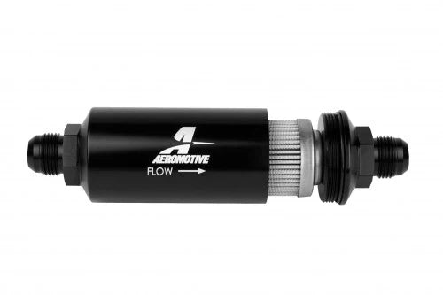 100 Micron Black Fuel Filter with Male AN-10 Ports & Stainless Mesh Element Front View