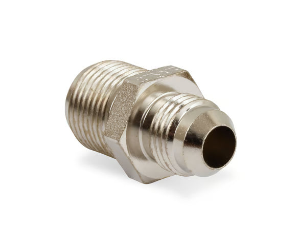Earl's 11/16"-18 Inverted Flare Male w/ Long Thread to AN -6 Male Adapter Fitting - Nickel Plated Steel Front View Silver