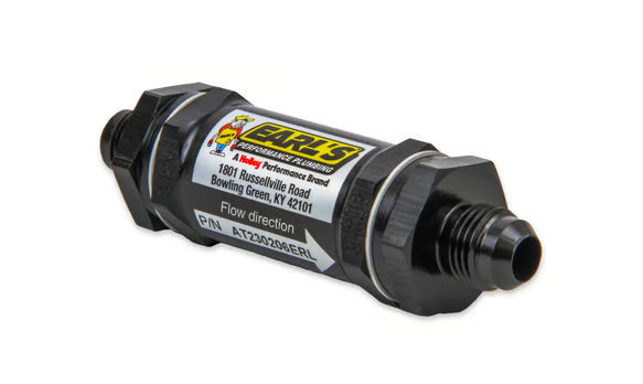 vEarl's Fuel Filter w/ Screen Type Element - 85 Micron - 6 AN Male Inlet & Outlet Front View Black