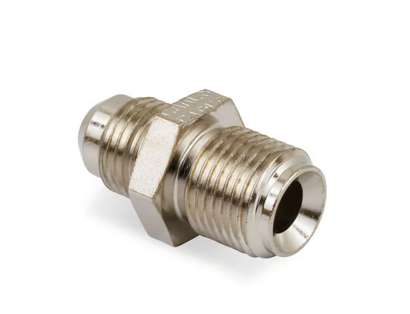 Earl's 11/16"-18 Inverted Flare Male w/ Long Thread to AN -6 Male Adapter Fitting - Nickel Plated Steel Front View Silver