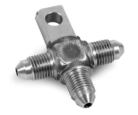 Earl's Tee w/ Mount -3 Male, Steel Electroless Nickel Plated, 3/8" or 10mm Mounting Hole Front View Silver