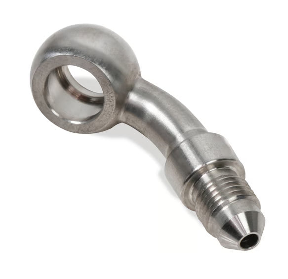 Earl's Banjo Adapter - Long Style 3 AN Male to 3/8" or 10mm - 45 Degree - Long Style - Stainless Steel Front View Silver