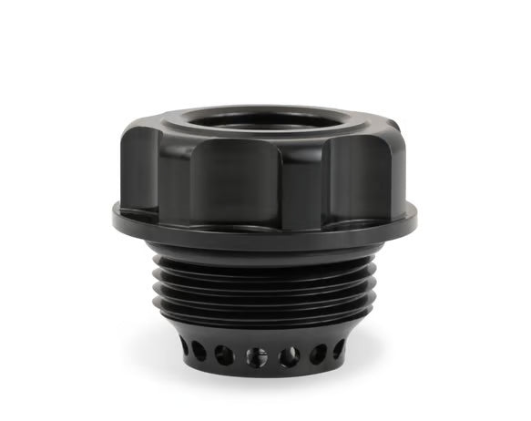 Oil Fill Cap w/ Baffle & -10 ORB Port - Fits Holley Cast Aluminum Valve Covers for the GM LS Series Engines w/ 1-5/16"-12 Threads on the Cap. Front View Black