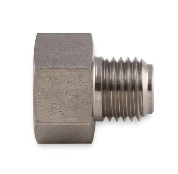 Earl's Hardline Adapter Expander - Stainless Steel - 3/8"-24 Inverted Flare Male for 3/16" Tubing to 7/16"-24 Inverted Flare Female for 1/4" Tubing Front View Silver