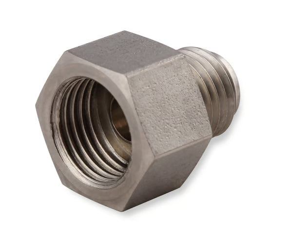 Earl's Hardline Adapter Expander - Stainless Steel - 3/8"-24 Inverted Flare Male for 3/16" Tubing to 7/16"-24 Inverted Flare Female for 1/4" Tubing Front View Silver