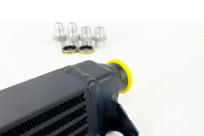 BMW E30 Oil Cooler w/ fittings for OEM style and AN-10 male connections Front View