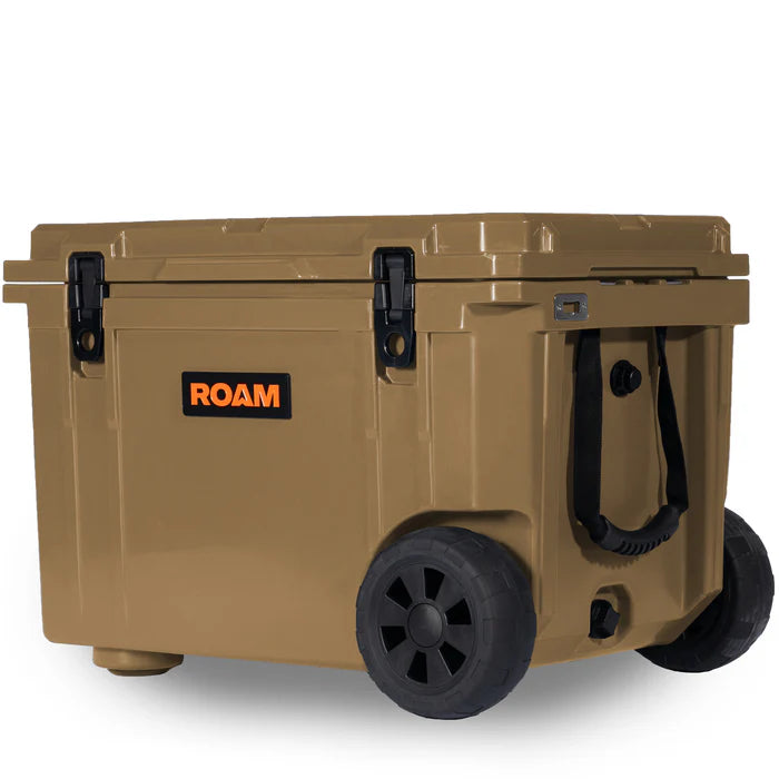 80QT Rolling Rugged Cooler Side View Tan
