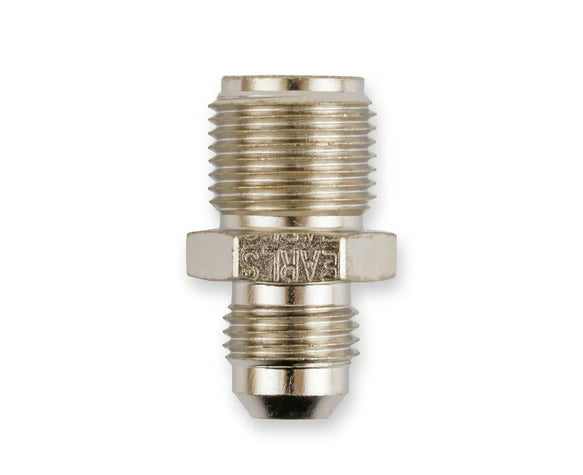 Earl's 11/16"-18 Inverted Flare Male w/ Long Thread to AN -6 Male Adapter Fitting - Nickel Plated Steel Front View Silver