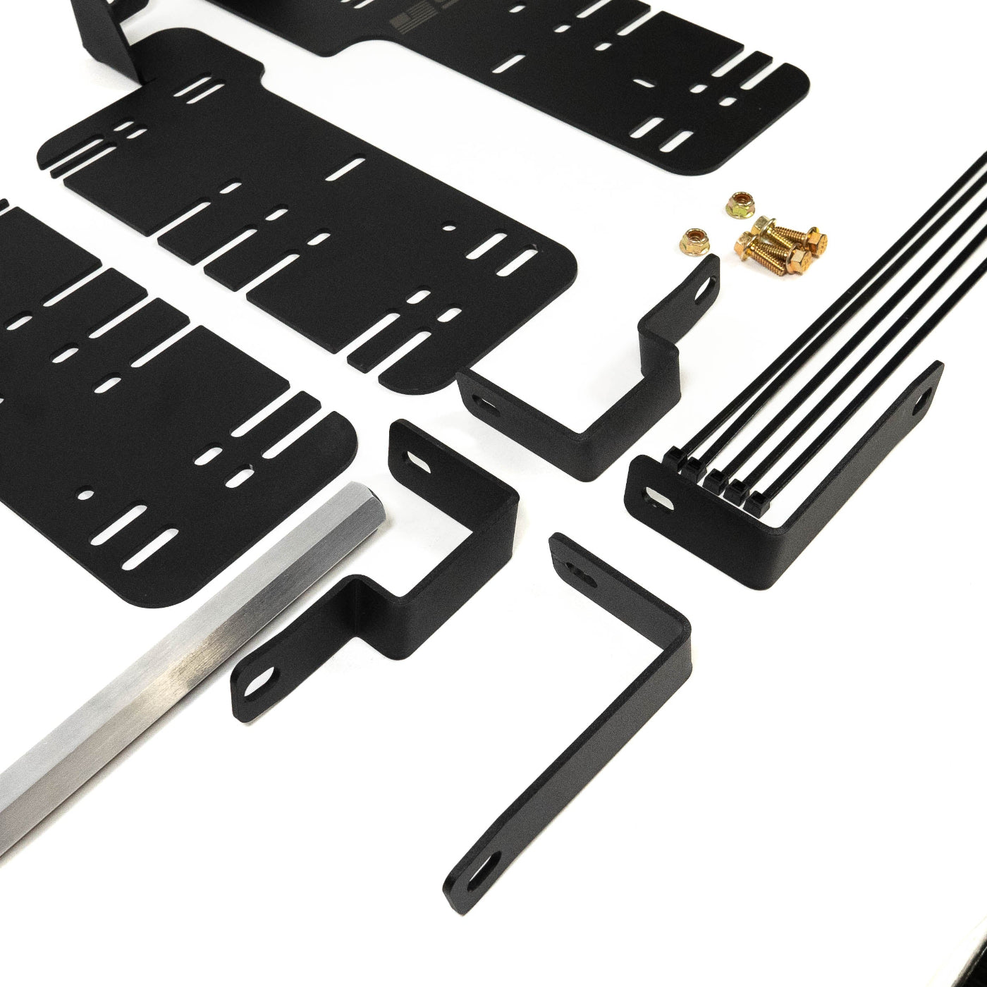 SDHQ Built '21-25 F150 / Raptor Behind the Grille Light Mounting Kit display of included parts and hardware 