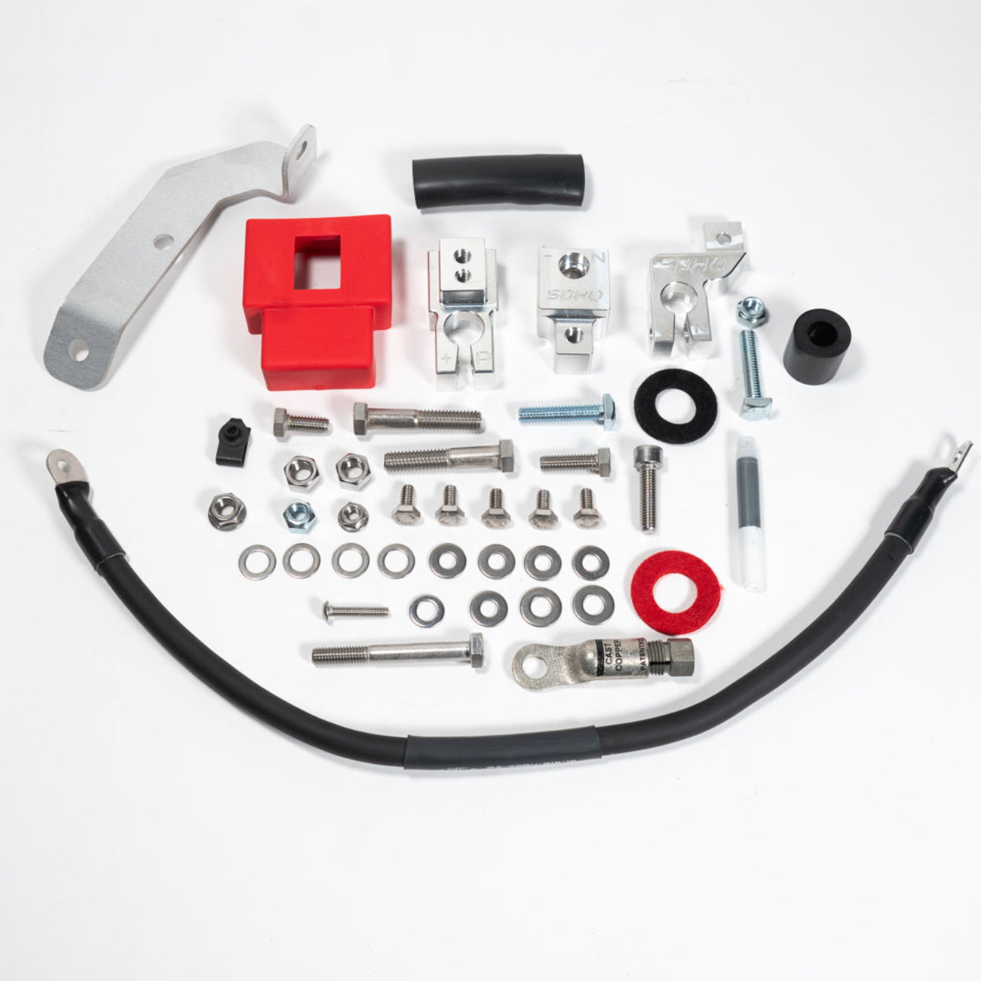 2015-2025 Ford F150/Raptor Complete Billet Battery Terminal Kit display of included parts and hardware 