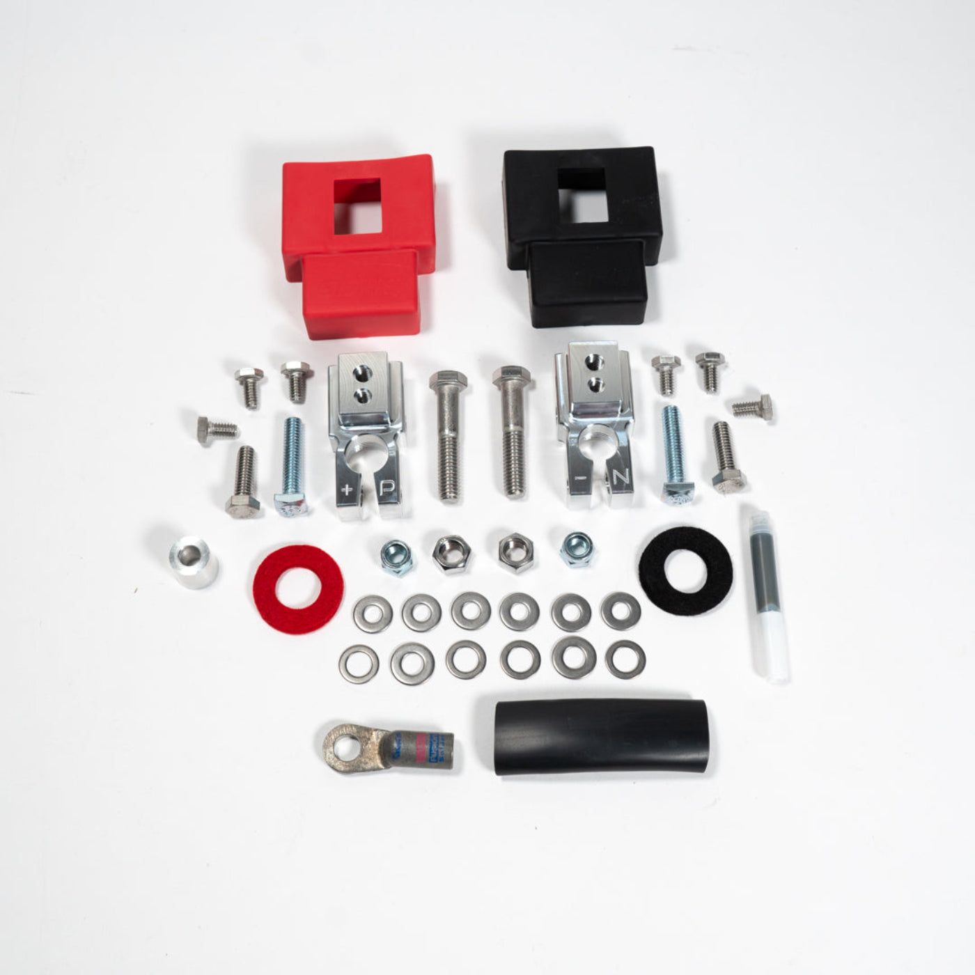 2015-2025 Ford F150/Raptor Complete Billet Battery Terminal Kit display of included parts and hardware 