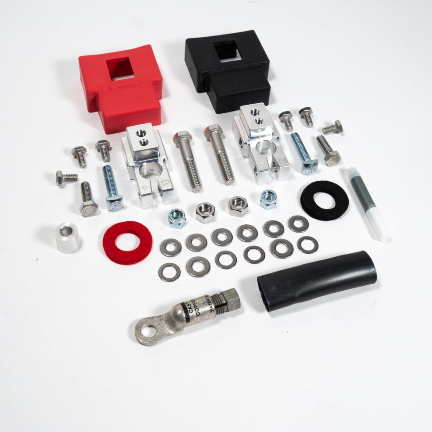 2015-2025 Ford F150/Raptor Complete Billet Battery Terminal Kit display of included parts and hardware 