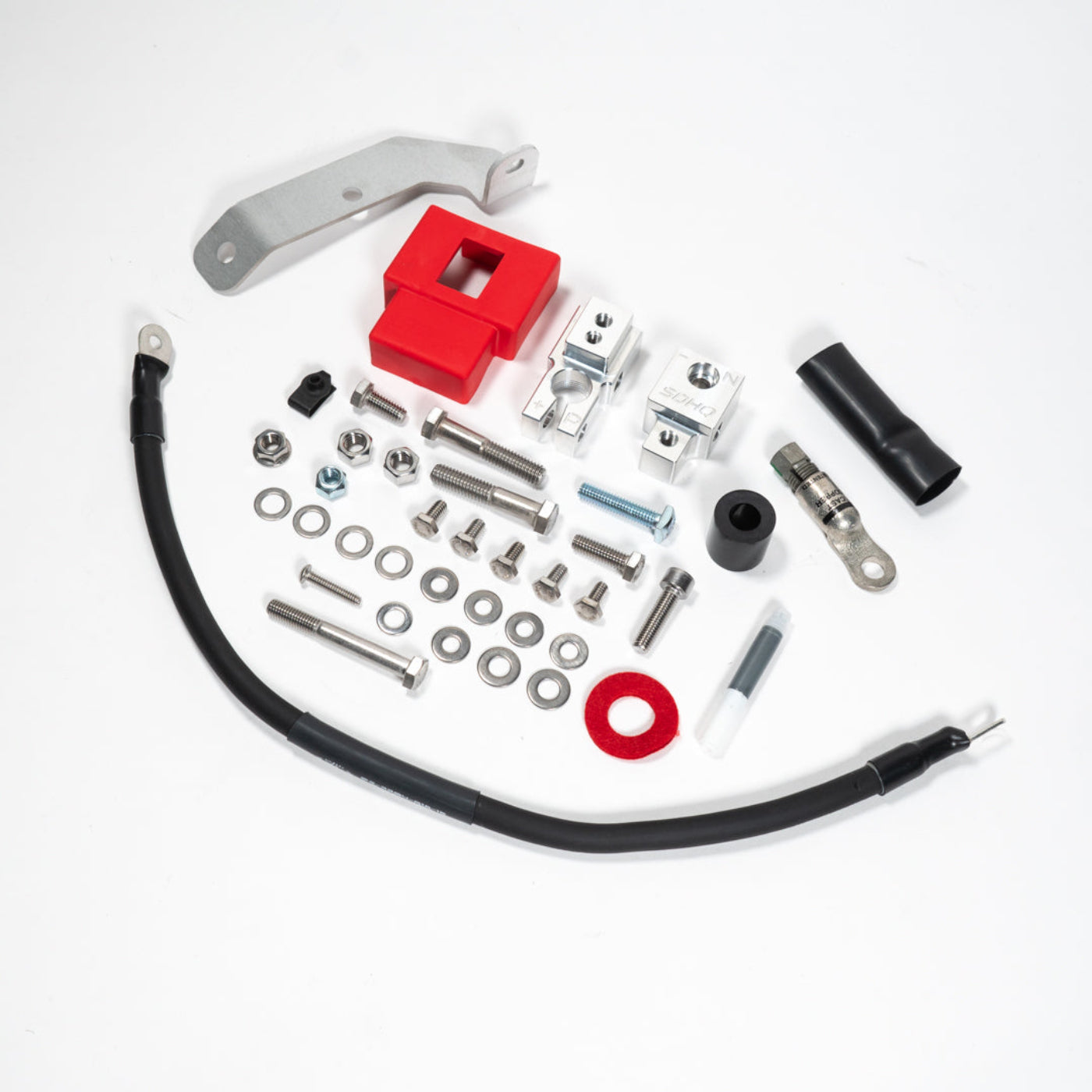 2015-2025 Ford F150/Raptor Complete Billet Battery Terminal Kit display of included parts and hardware 