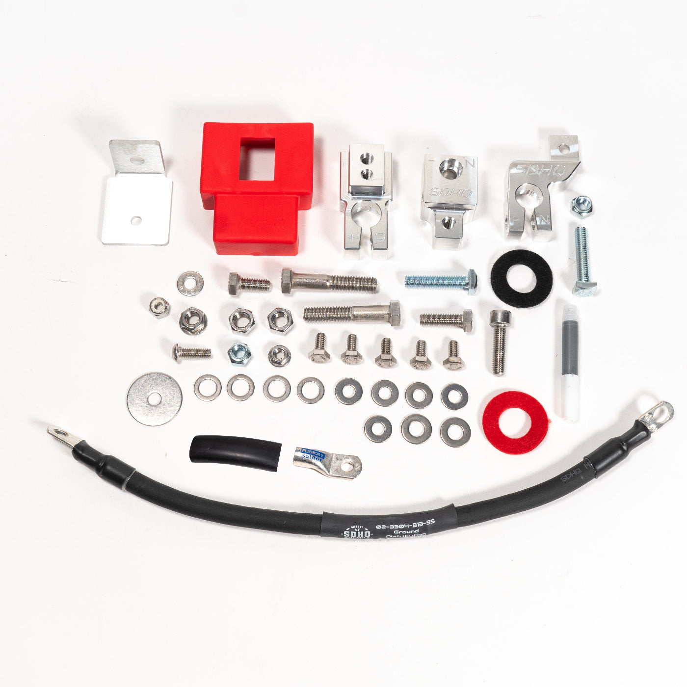 2023-2025 Ford F250/F350 Billet Single Battery Terminal Upgrade Kit display of included parts and hardware 