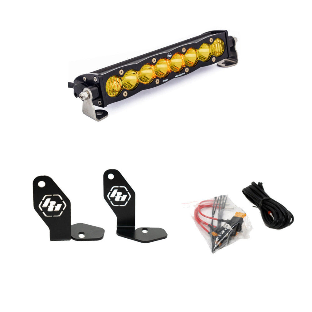 Baja Designs 2022-2024 Polaris RZR Pro R Hood Mounted S8 10" Light Bar Kit Display of Included Parts 