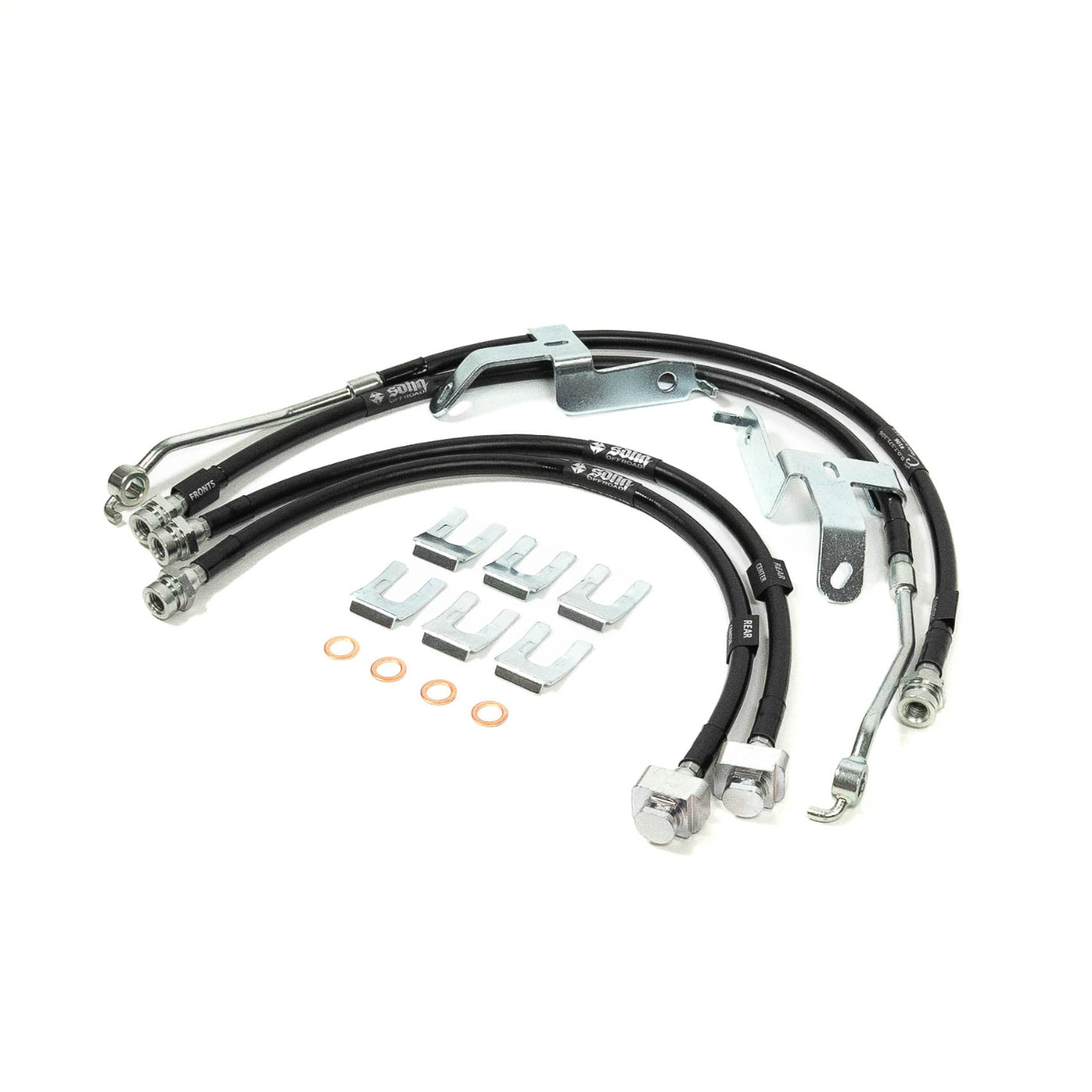 '21-24 Ford Bronco SDHQ Brake Line Kit display of included parts and hardware 