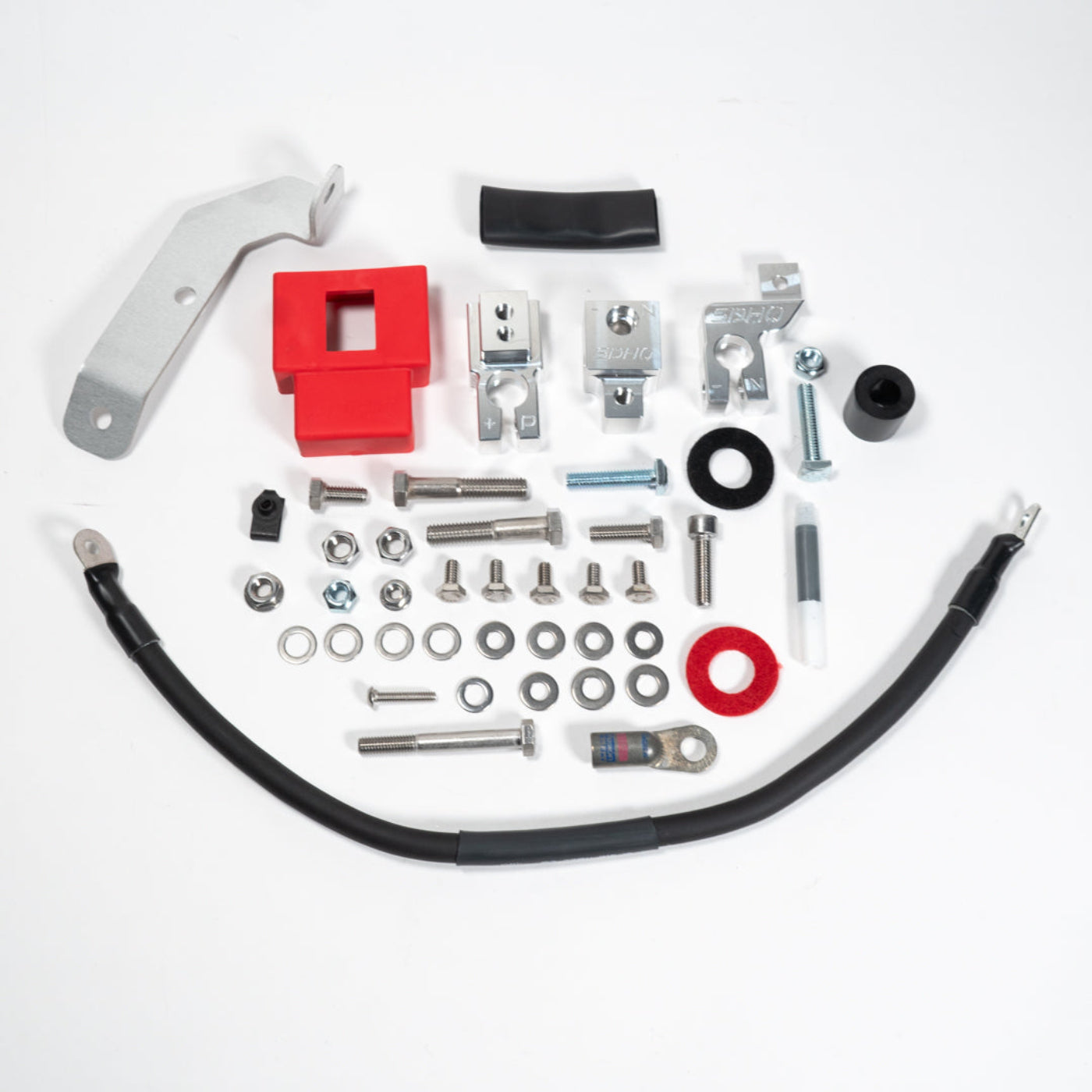 2015-2025 Ford F150/Raptor Complete Billet Battery Terminal Kit display of included parts and hardware 