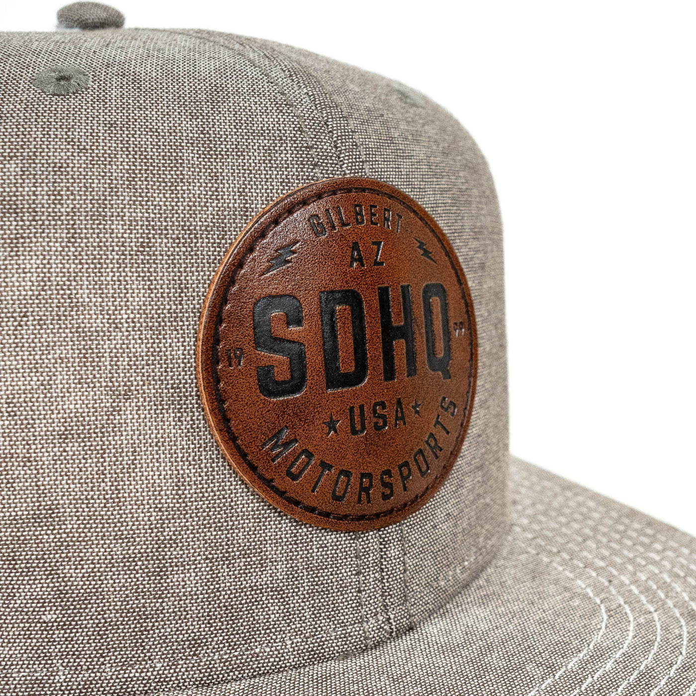 SDHQ Motorsports Chambray Gray Leather Patch Snapback Hat