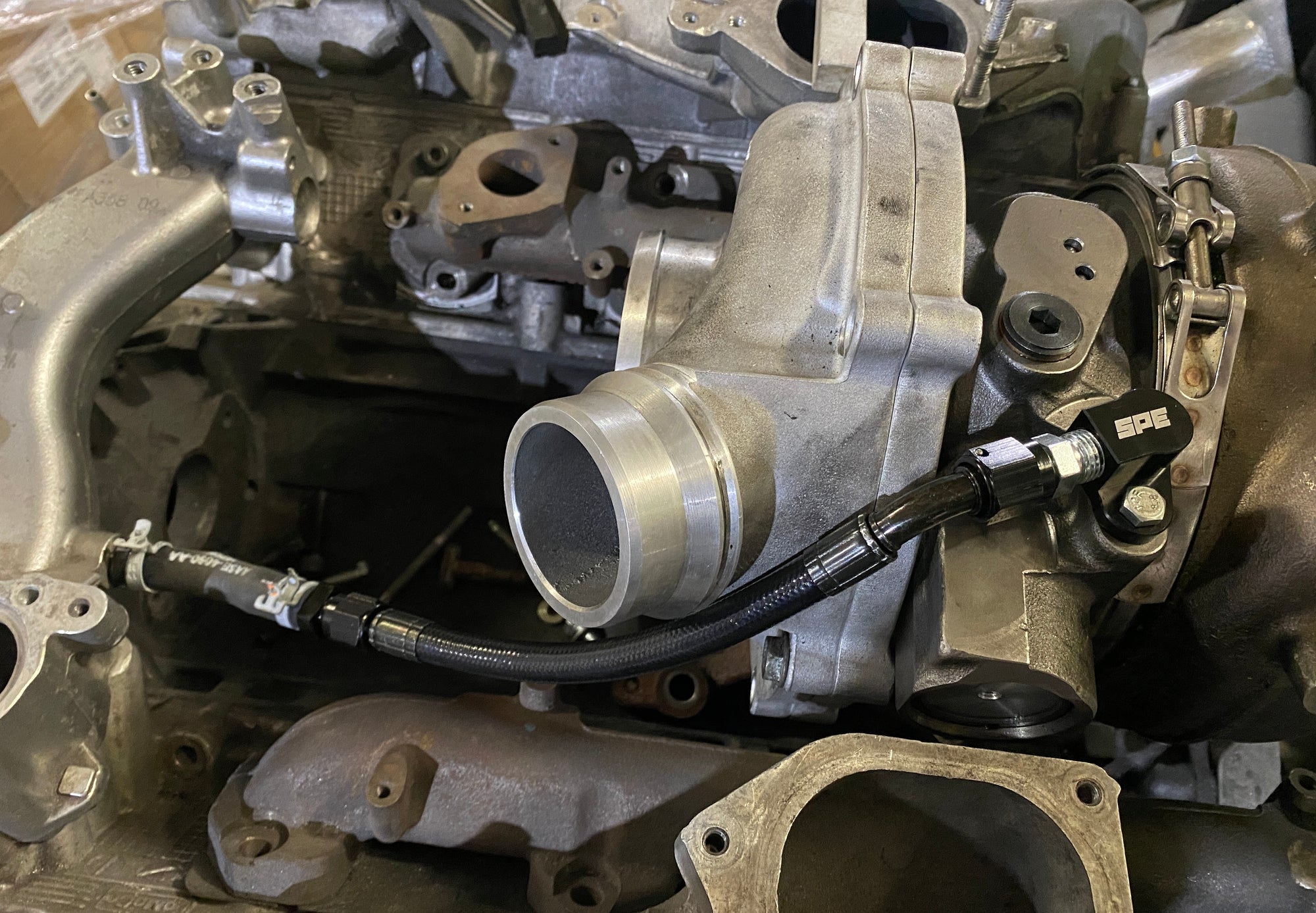 SPE Motorsport 2017-2019 6.7L Powerstroke Turbo Coolant Feed Line Front View