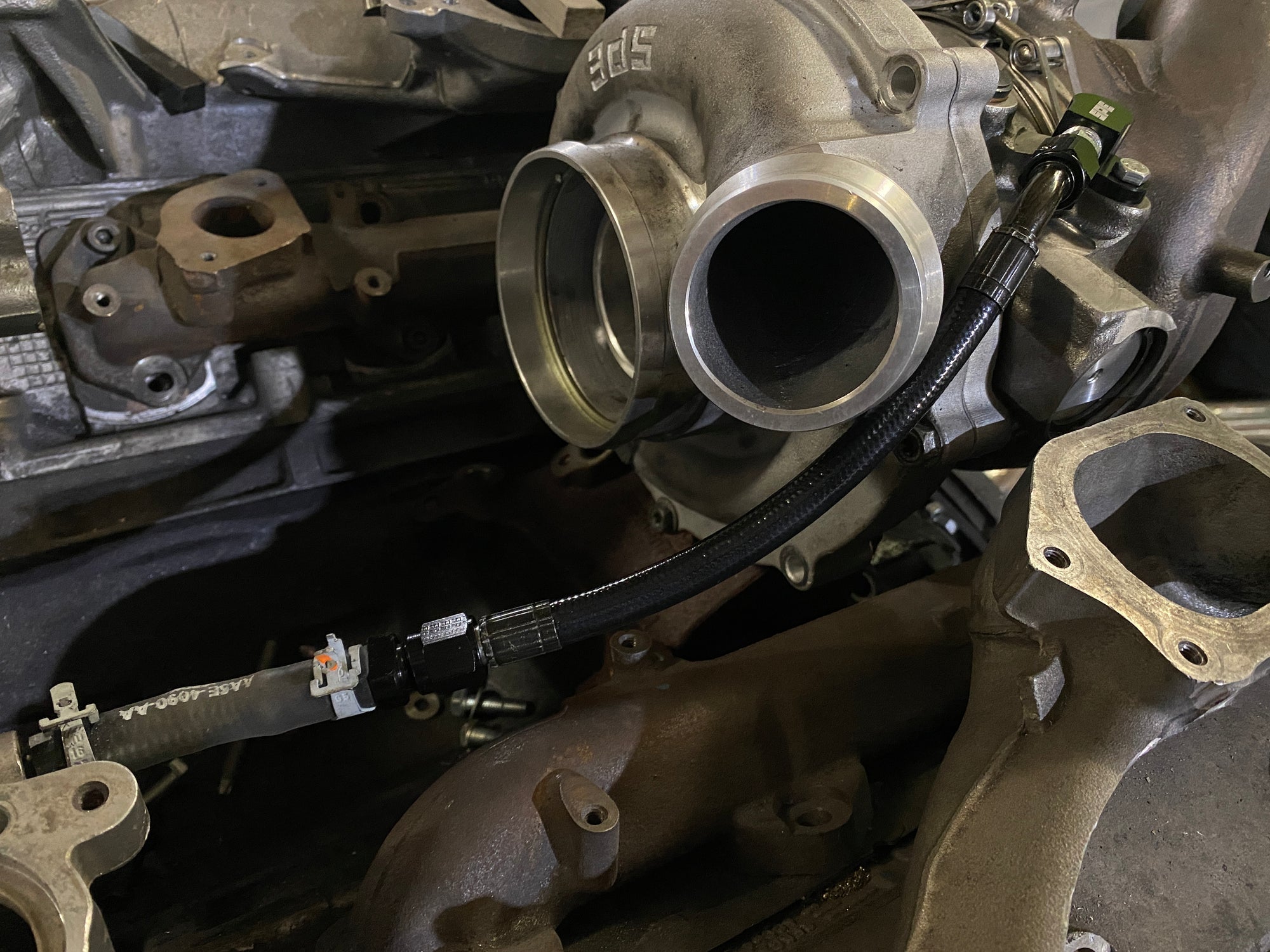 SPE Motorsport 2017-2019 6.7L Powerstroke Turbo Coolant Feed Line Front View