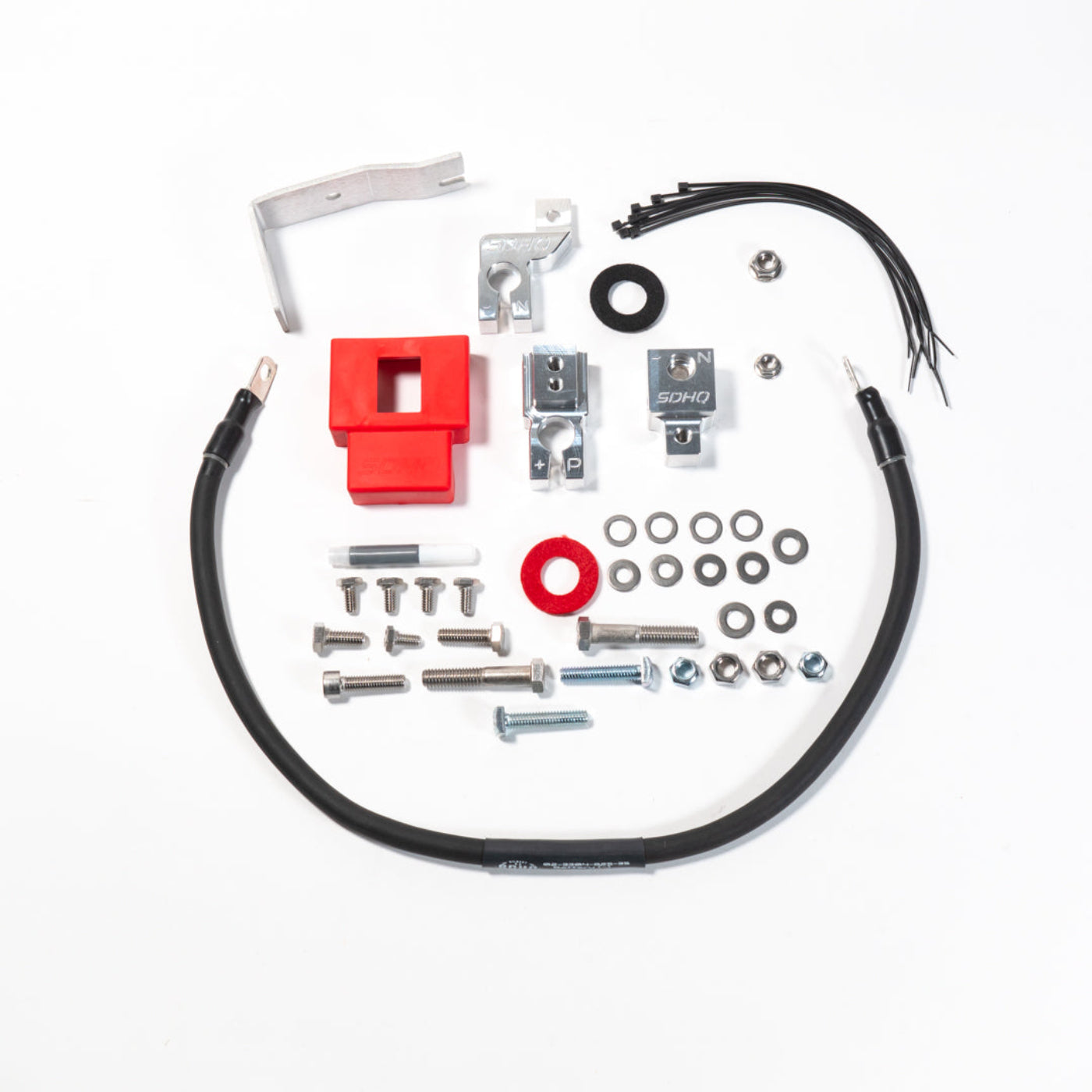 2018-2023 Jeep JL/JT (3.6L & 2.0L) SDHQ Built Billet Battery Terminal Kit display of included parts and hardware 