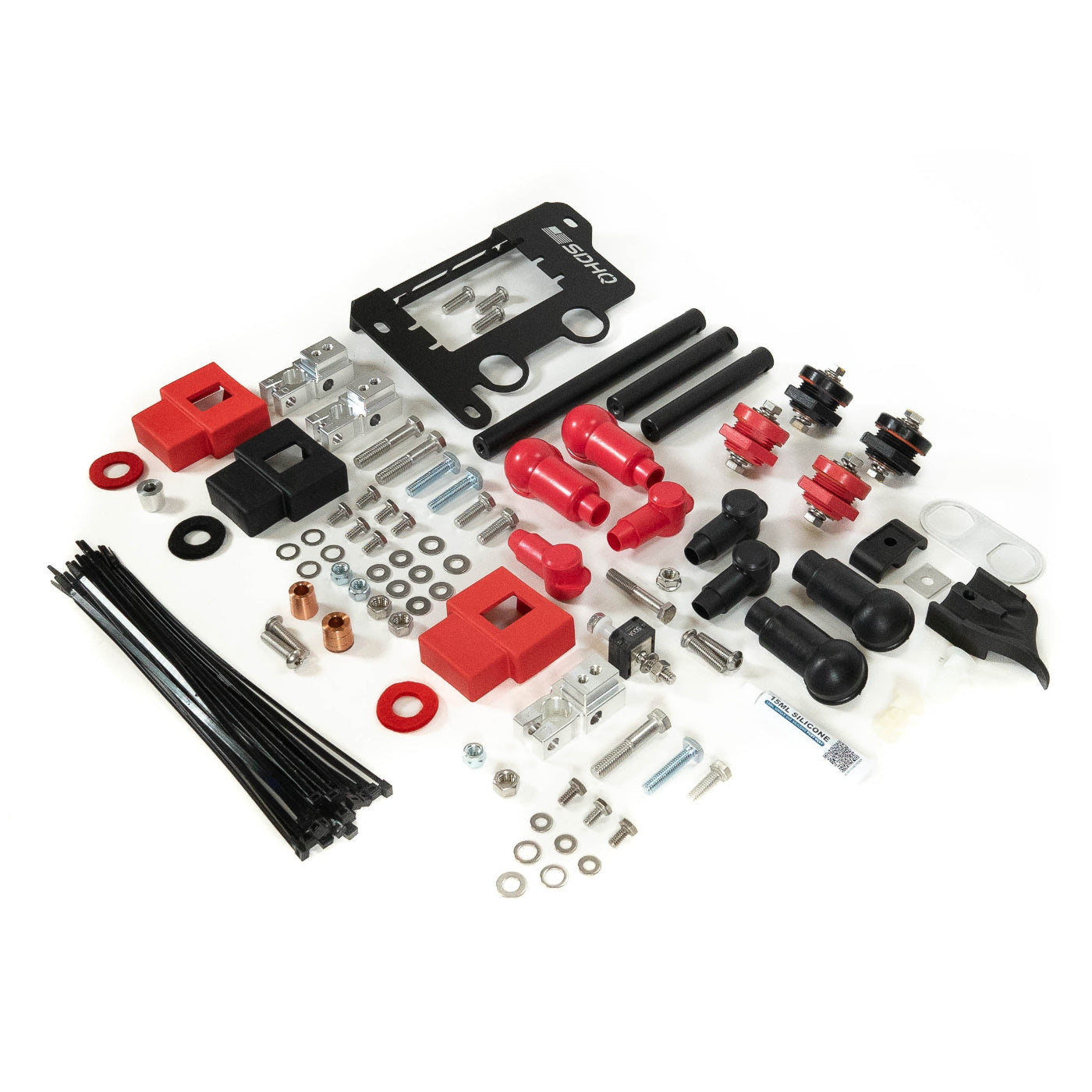 '24+ LC250 SDHQ Built Under Hood Power Solution Kit display of included parts and hardware 